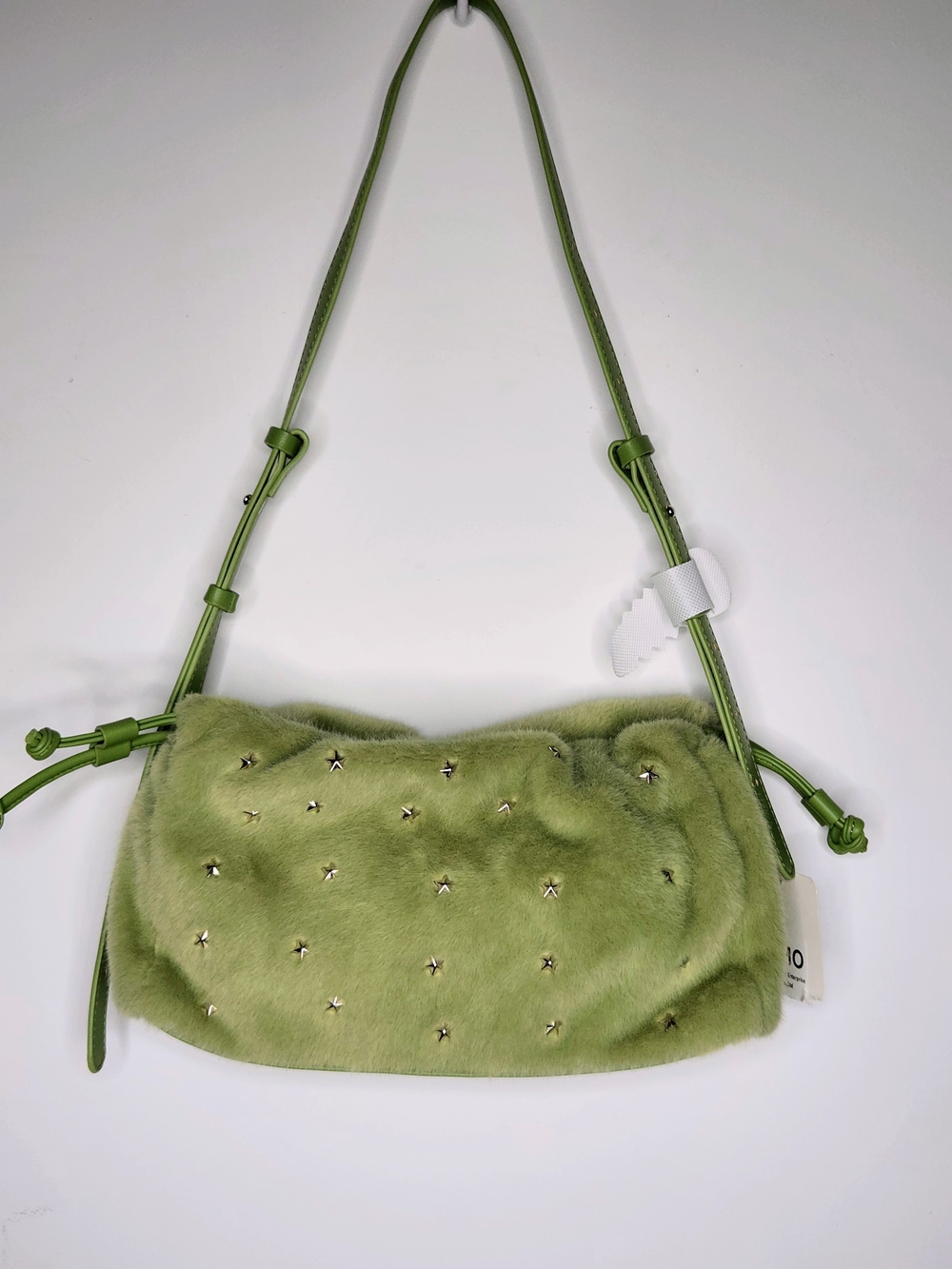 NWT Anthropologie Olive Lime Faux Fur Star Studded Drawstring Shoulder Bag Green